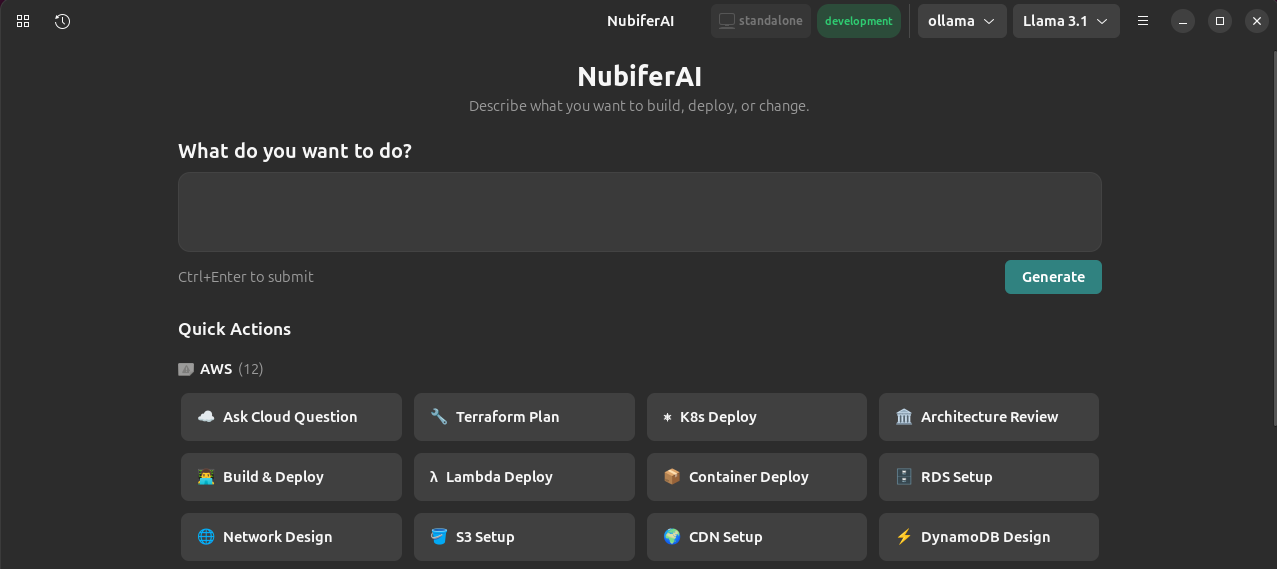 NubiferAI home page with prompt and quick actions