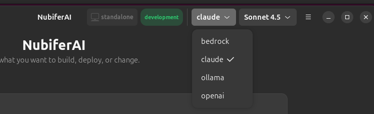NubiferAI provider selection dropdown