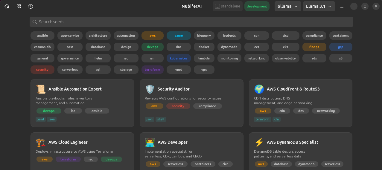 NubiferAI seeds browser with tag filters